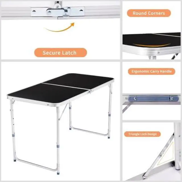 Alt view image 4 of 7 - 4 Foot Folding Table 3-Position Adjustable Height, 5Pack Lightweight Fold-in-Half Utility Table for Outdoor Picnic BBQ Camping Fishing RV Beach, Aluminum Frame, MDF Desktop, Carrying Handle