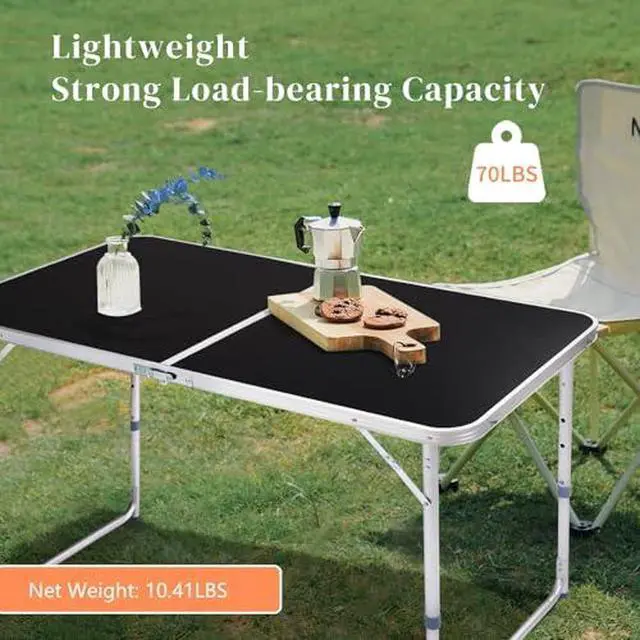 Alt view image 6 of 7 - 4 Foot Folding Table 3-Position Adjustable Height, 5Pack Lightweight Fold-in-Half Utility Table for Outdoor Picnic BBQ Camping Fishing RV Beach, Aluminum Frame, MDF Desktop, Carrying Handle