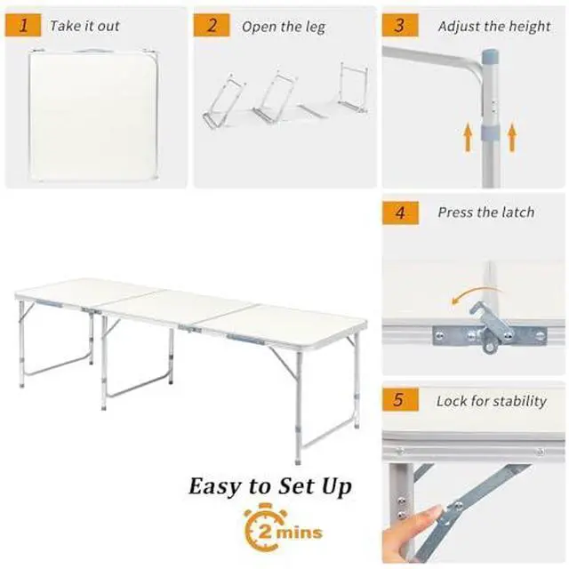 Alt view image 5 of 7 - 6FT Tri-Fold Dining Table 10 Pack, Portable Aluminum Picnic Table with Adjustable Height, Foldable Lightweight Collapsible Camp Tables Desks with Carrying Handle for Indoor Outdoor Events