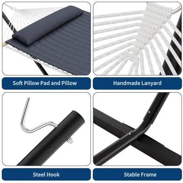 Alt view image 4 of 6 - Double Hammock with Space Saving Steel Stand Included, 2 Person Standing Hammocks with PP Cotton Pad and Pillow, Handmade Cotton Rope Hammock, Outdoor Portable Hammocks for Outside Backyard Garden
