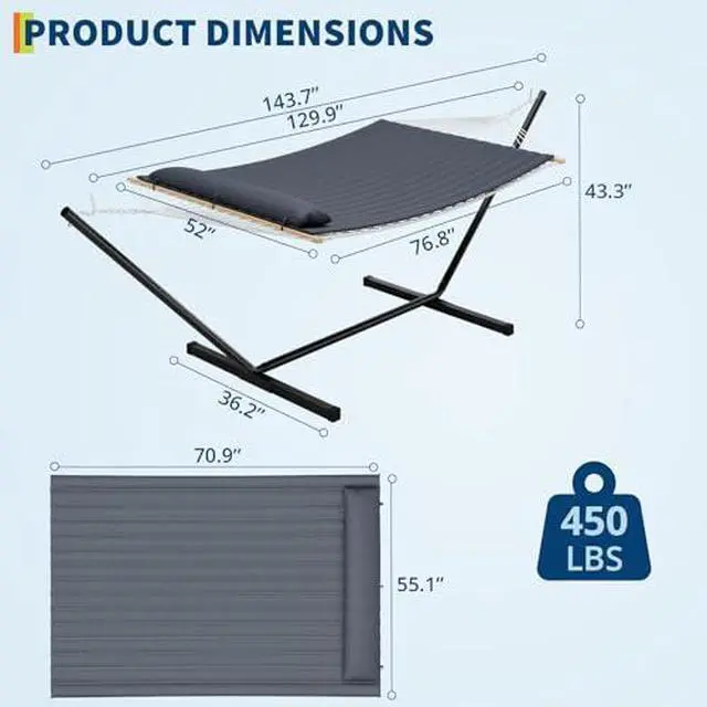 Alt view image 2 of 6 - Double Hammock with Space Saving Steel Stand Included, 2 Person Standing Hammocks with PP Cotton Pad and Pillow, Handmade Cotton Rope Hammock, Outdoor Portable Hammocks for Outside Backyard Garden