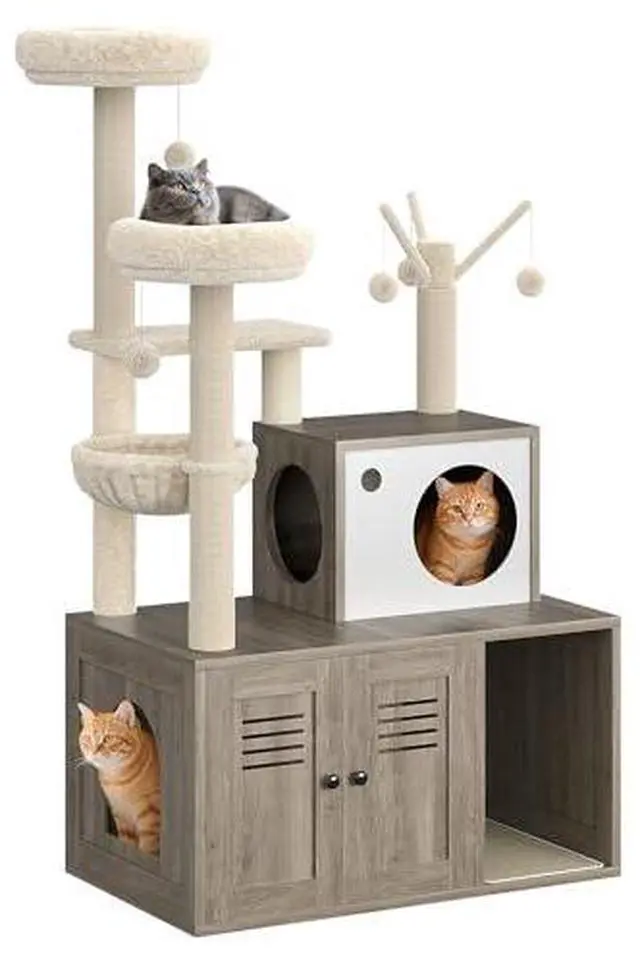 Main image of TrailBlaze Cat Tree with Litter Box Enclosure, Wooden Cat Condo with Platform, Hammock, Pompoms, Scratching Posts, All-in-One Cat Furniture for Indoor Kitten, 31.5" l x18.9 w x55.1 h(Grey)
