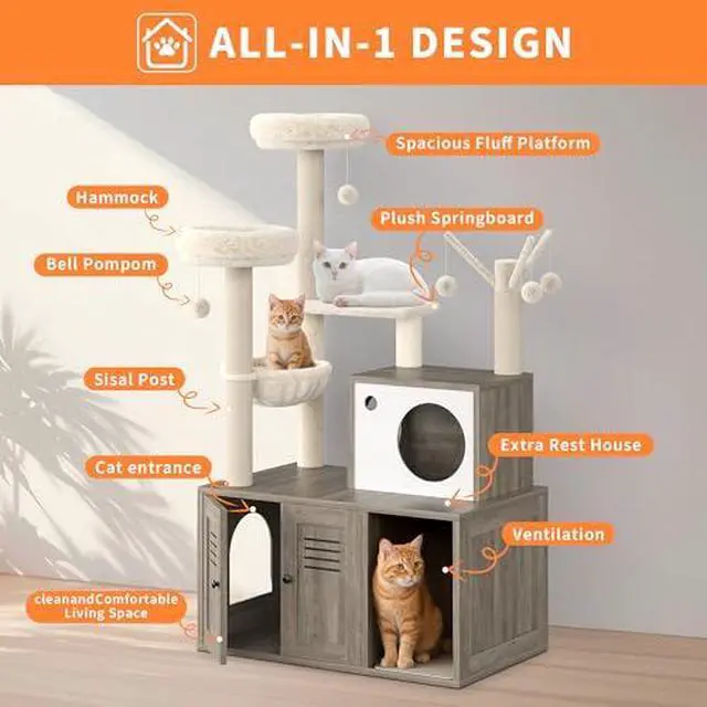 Alt view image 3 of 7 - TrailBlaze Cat Tree with Litter Box Enclosure, Wooden Cat Condo with Platform, Hammock, Pompoms, Scratching Posts, All-in-One Cat Furniture for Indoor Kitten, 31.5" l x18.9 w x55.1 h(Grey)