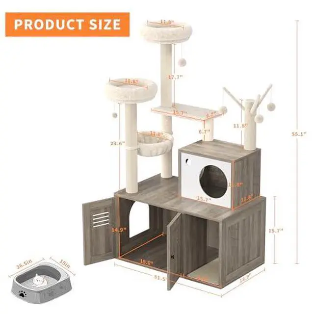Alt view image 2 of 7 - TrailBlaze Cat Tree with Litter Box Enclosure, Wooden Cat Condo with Platform, Hammock, Pompoms, Scratching Posts, All-in-One Cat Furniture for Indoor Kitten, 31.5" l x18.9 w x55.1 h(Grey)