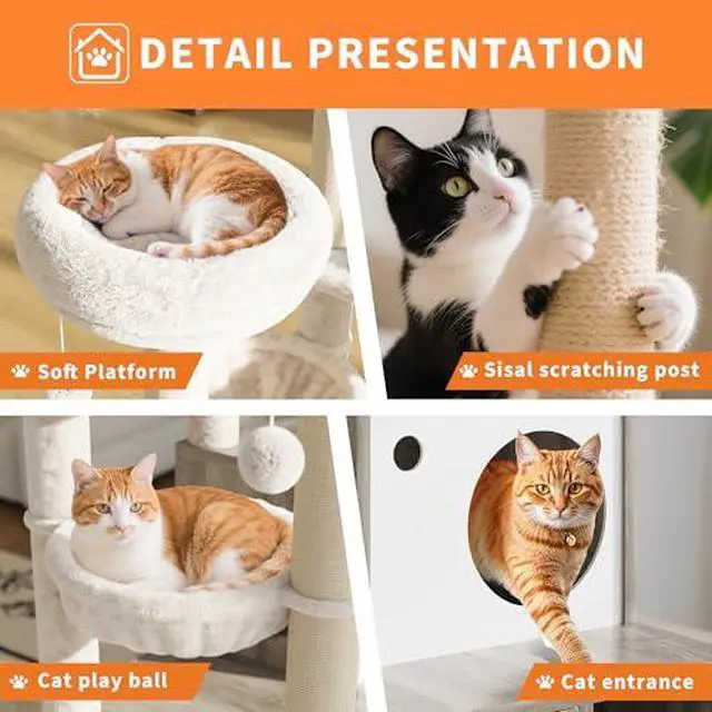 Alt view image 4 of 7 - TrailBlaze Cat Tree with Litter Box Enclosure, Wooden Cat Condo with Platform, Hammock, Pompoms, Scratching Posts, All-in-One Cat Furniture for Indoor Kitten, 31.5" l x18.9 w x55.1 h(Grey)