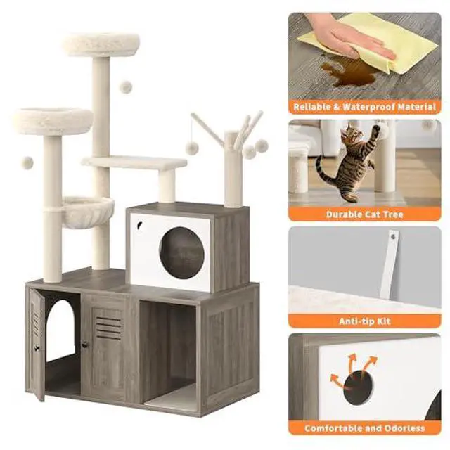 Alt view image 5 of 7 - TrailBlaze Cat Tree with Litter Box Enclosure, Wooden Cat Condo with Platform, Hammock, Pompoms, Scratching Posts, All-in-One Cat Furniture for Indoor Kitten, 31.5" l x18.9 w x55.1 h(Grey)