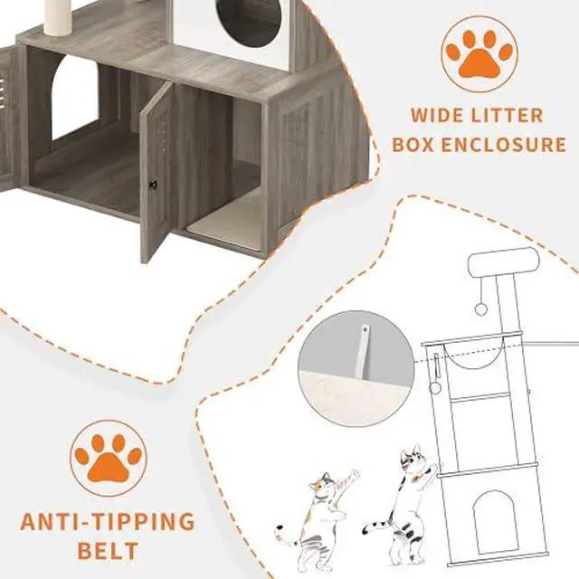 Alt view image 6 of 7 - TrailBlaze Cat Tree with Litter Box Enclosure, Wooden Cat Condo with Platform, Hammock, Pompoms, Scratching Posts, All-in-One Cat Furniture for Indoor Kitten, 31.5" l x18.9 w x55.1 h(Grey)