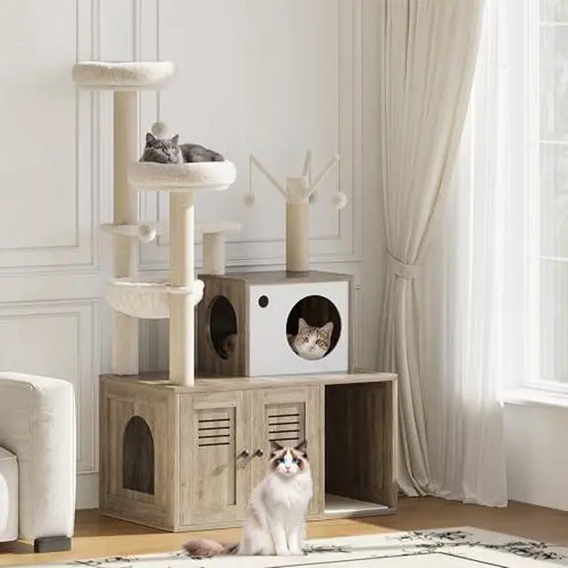Alt view image 7 of 7 - TrailBlaze Cat Tree with Litter Box Enclosure, Wooden Cat Condo with Platform, Hammock, Pompoms, Scratching Posts, All-in-One Cat Furniture for Indoor Kitten, 31.5" l x18.9 w x55.1 h(Grey)