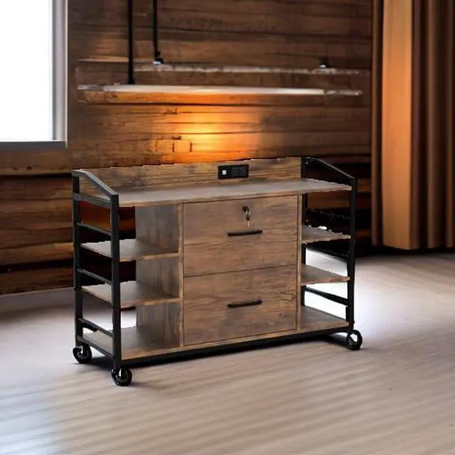 Alt view image 6 of 7 - 44" File Cabinet, Filing Cabinet fits Legal/Letter Size, 2 Drawer File Cabinets for Home Office with Lock, Power Strip, 6 Storage Shelves, Rustic Brown