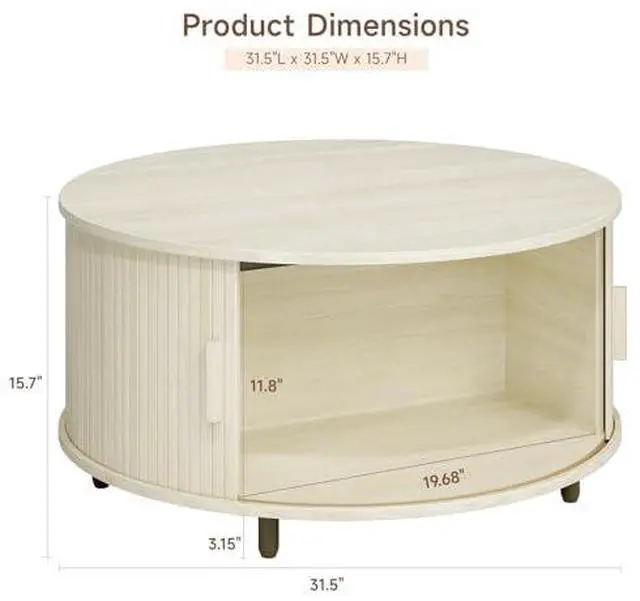 Alt view image 2 of 7 - ONBRILL Round Coffee Table with Storage, 31.5" Modern Coffee Table with 360° Curved Sliding Door, Fluted Wood Coffee Table with Adjustable Footpads, Round Center Table for Living Room, Natural White