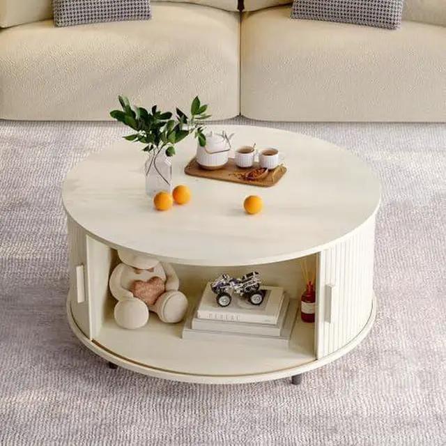 Alt view image 3 of 7 - ONBRILL Round Coffee Table with Storage, 31.5" Modern Coffee Table with 360° Curved Sliding Door, Fluted Wood Coffee Table with Adjustable Footpads, Round Center Table for Living Room, Natural White