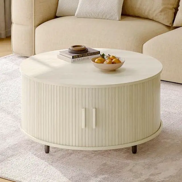 Alt view image 4 of 7 - ONBRILL Round Coffee Table with Storage, 31.5" Modern Coffee Table with 360° Curved Sliding Door, Fluted Wood Coffee Table with Adjustable Footpads, Round Center Table for Living Room, Natural White