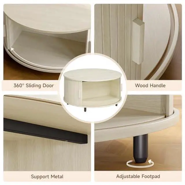 Alt view image 5 of 7 - ONBRILL Round Coffee Table with Storage, 31.5" Modern Coffee Table with 360° Curved Sliding Door, Fluted Wood Coffee Table with Adjustable Footpads, Round Center Table for Living Room, Natural White