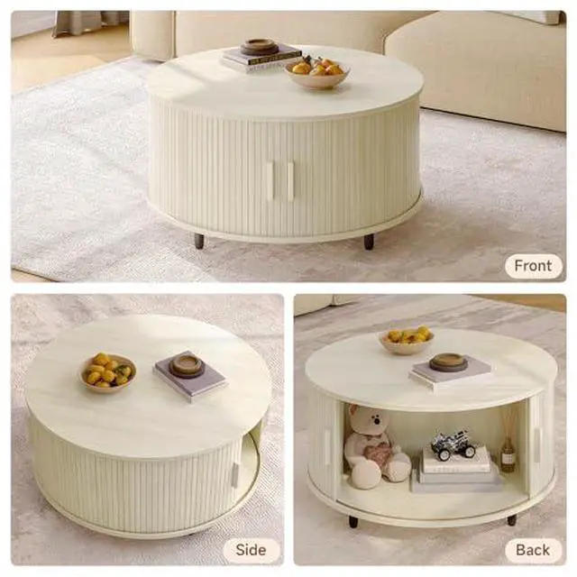 Alt view image 6 of 7 - ONBRILL Round Coffee Table with Storage, 31.5" Modern Coffee Table with 360° Curved Sliding Door, Fluted Wood Coffee Table with Adjustable Footpads, Round Center Table for Living Room, Natural White