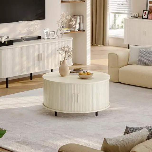 Alt view image 7 of 7 - ONBRILL Round Coffee Table with Storage, 31.5" Modern Coffee Table with 360° Curved Sliding Door, Fluted Wood Coffee Table with Adjustable Footpads, Round Center Table for Living Room, Natural White