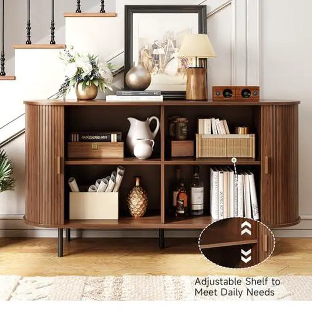Alt view image 3 of 7 - ONBRILL 55" Sideboard Buffet Cabinet with Storage, Sliding Door & Adjustable Shelf, Modern Accent Coffee Bar Console Table for Kitchen, Entryway, Walnut