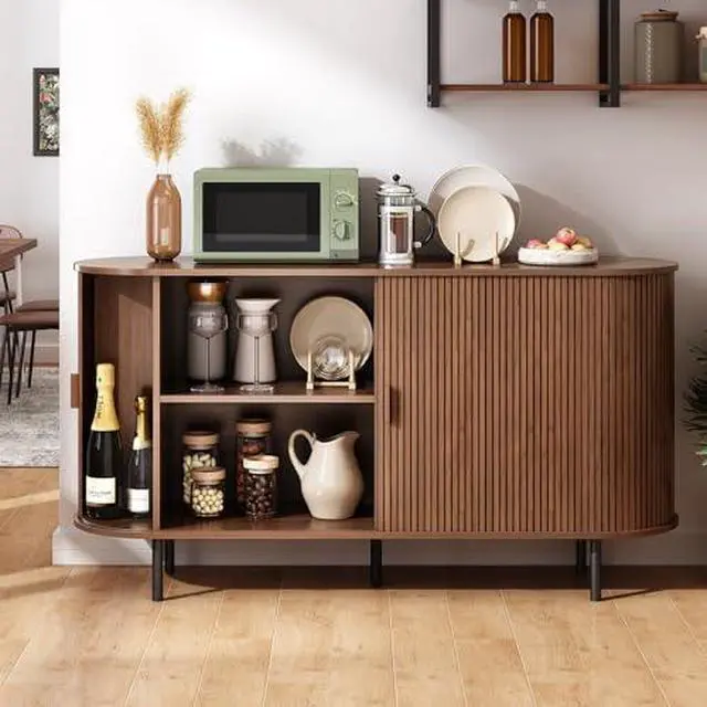 Alt view image 5 of 7 - ONBRILL 55" Sideboard Buffet Cabinet with Storage, Sliding Door & Adjustable Shelf, Modern Accent Coffee Bar Console Table for Kitchen, Entryway, Walnut