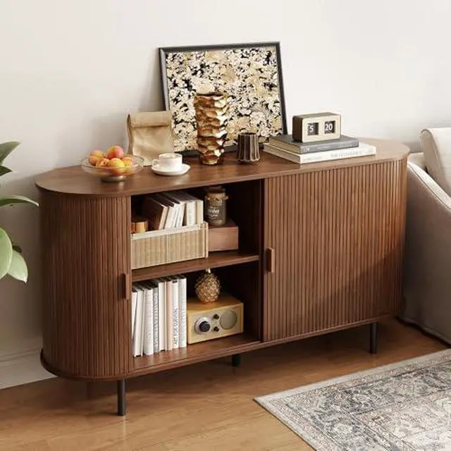 Alt view image 6 of 7 - ONBRILL 55" Sideboard Buffet Cabinet with Storage, Sliding Door & Adjustable Shelf, Modern Accent Coffee Bar Console Table for Kitchen, Entryway, Walnut