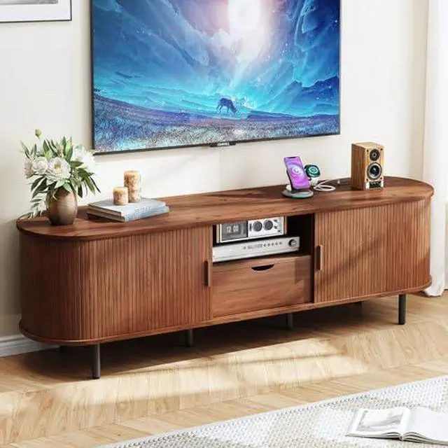 Main image of ONBRILL 69" TV Stand with Power Outlet for TVs up to 80", Entertainment Center with Storage and Drawer, TV Console with Adjustable Shelves and Sliding Door, TV Stand for Living Room, Bedroom, Walnut