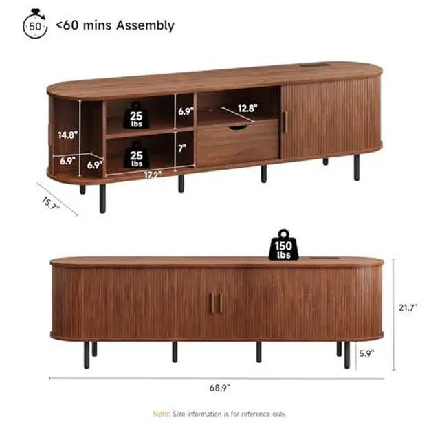 Alt view image 2 of 6 - ONBRILL 69" TV Stand with Power Outlet for TVs up to 80", Entertainment Center with Storage and Drawer, TV Console with Adjustable Shelves and Sliding Door, TV Stand for Living Room, Bedroom, Walnut