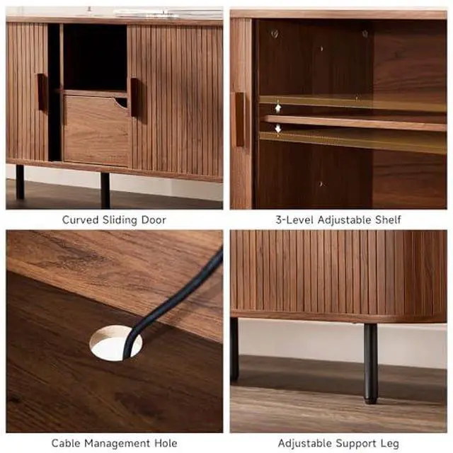 Alt view image 4 of 6 - ONBRILL 69" TV Stand with Power Outlet for TVs up to 80", Entertainment Center with Storage and Drawer, TV Console with Adjustable Shelves and Sliding Door, TV Stand for Living Room, Bedroom, Walnut