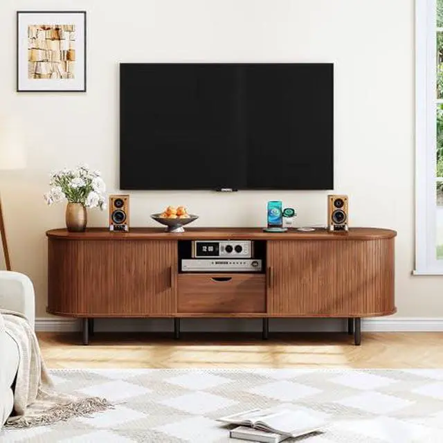 Alt view image 5 of 6 - ONBRILL 69" TV Stand with Power Outlet for TVs up to 80", Entertainment Center with Storage and Drawer, TV Console with Adjustable Shelves and Sliding Door, TV Stand for Living Room, Bedroom, Walnut