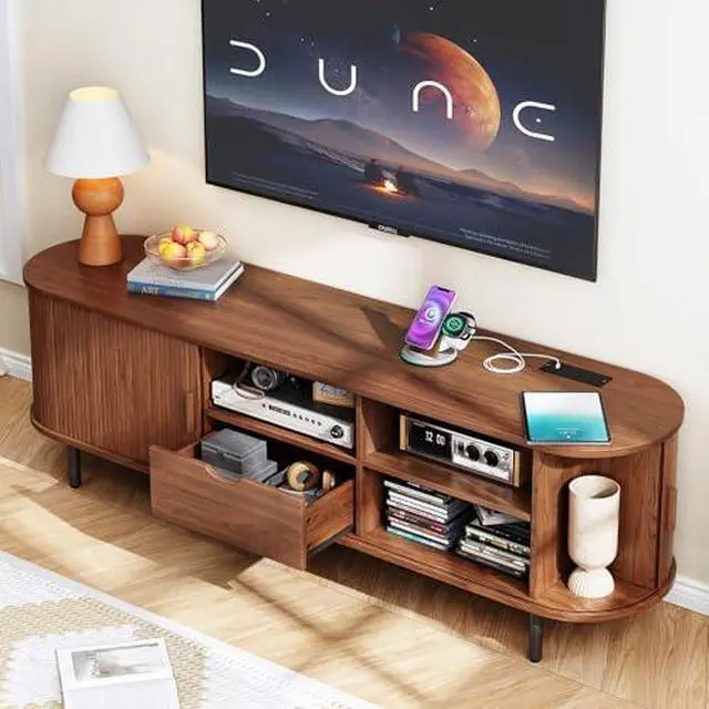 Alt view image 3 of 6 - ONBRILL 69" TV Stand with Power Outlet for TVs up to 80", Entertainment Center with Storage and Drawer, TV Console with Adjustable Shelves and Sliding Door, TV Stand for Living Room, Bedroom, Walnut