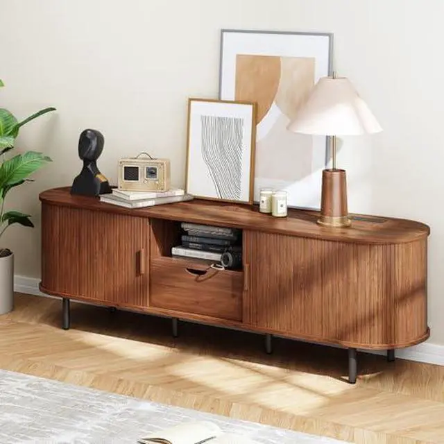 Alt view image 6 of 6 - ONBRILL 69" TV Stand with Power Outlet for TVs up to 80", Entertainment Center with Storage and Drawer, TV Console with Adjustable Shelves and Sliding Door, TV Stand for Living Room, Bedroom, Walnut