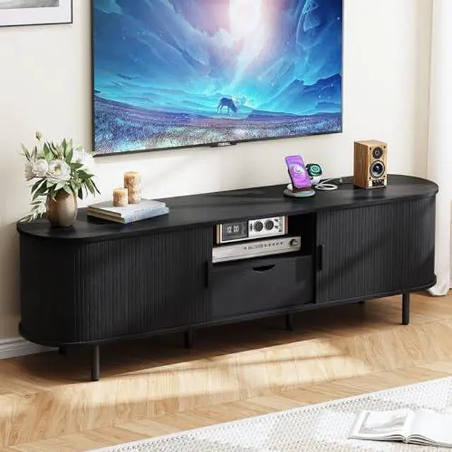 Main image of ONBRILL 69" TV Stand with Power Outlet for TVs up to 80", Entertainment Center with Storage and Drawer, TV Console with Adjustable Shelves and Sliding Door, TV Stand for Living Room, Bedroom, Black