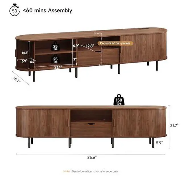 Alt view image 2 of 6 - ONBRILL 86.6" TV Stand with Power Outlet for TVs up to 90", Entertainment Center with Storage and Drawer, TV Console with Adjustable Shelves and Sliding Door, TV Stand for Living Room, Bedroom, Walnut