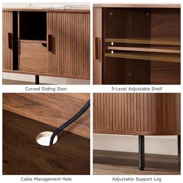 Alt view image 5 of 6 - ONBRILL 86.6" TV Stand with Power Outlet for TVs up to 90", Entertainment Center with Storage and Drawer, TV Console with Adjustable Shelves and Sliding Door, TV Stand for Living Room, Bedroom, Walnut