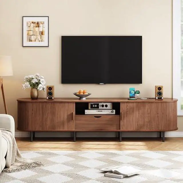 Alt view image 6 of 6 - ONBRILL 86.6" TV Stand with Power Outlet for TVs up to 90", Entertainment Center with Storage and Drawer, TV Console with Adjustable Shelves and Sliding Door, TV Stand for Living Room, Bedroom, Walnut