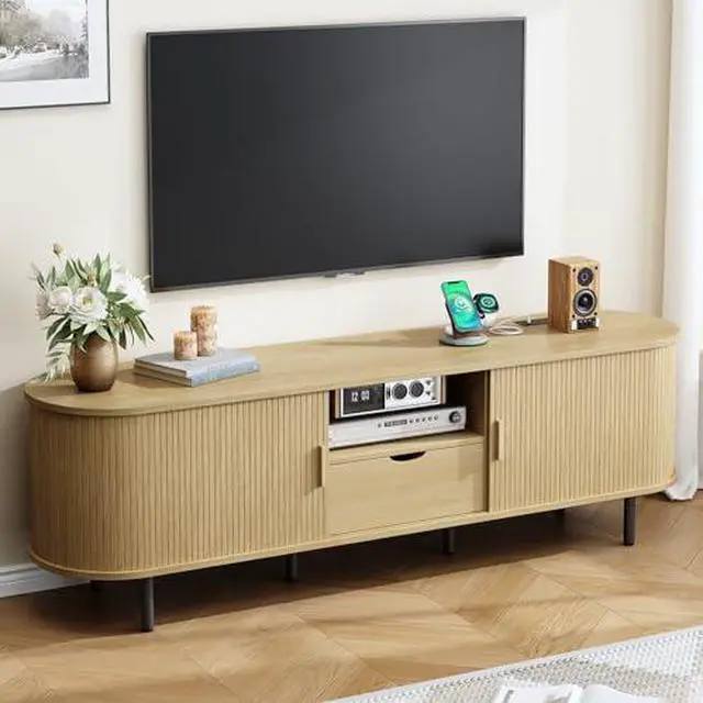 Main image of ONBRILL 69" TV Stand with Power Outlet for TVs up to 80", Entertainment Center with Storage and Drawer, TV Console with Adjustable Shelves and Sliding Door, TV Stand for Living Room, Bedroom, Oak