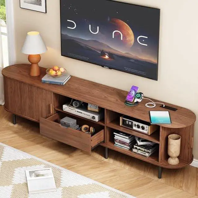 Alt view image 3 of 6 - ONBRILL 86.6" TV Stand with Power Outlet for TVs up to 90", Entertainment Center with Storage and Drawer, TV Console with Adjustable Shelves and Sliding Door, TV Stand for Living Room, Bedroom, Walnut