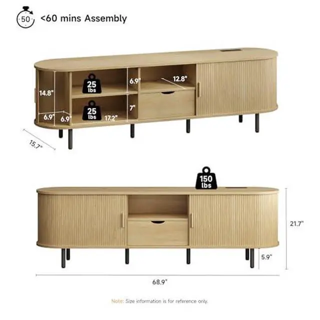 Alt view image 2 of 6 - ONBRILL 69" TV Stand with Power Outlet for TVs up to 80", Entertainment Center with Storage and Drawer, TV Console with Adjustable Shelves and Sliding Door, TV Stand for Living Room, Bedroom, Oak
