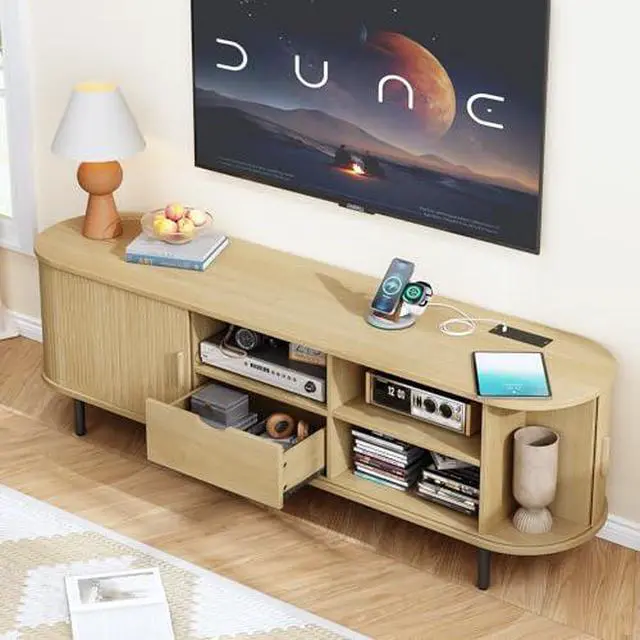 Alt view image 3 of 6 - ONBRILL 69" TV Stand with Power Outlet for TVs up to 80", Entertainment Center with Storage and Drawer, TV Console with Adjustable Shelves and Sliding Door, TV Stand for Living Room, Bedroom, Oak