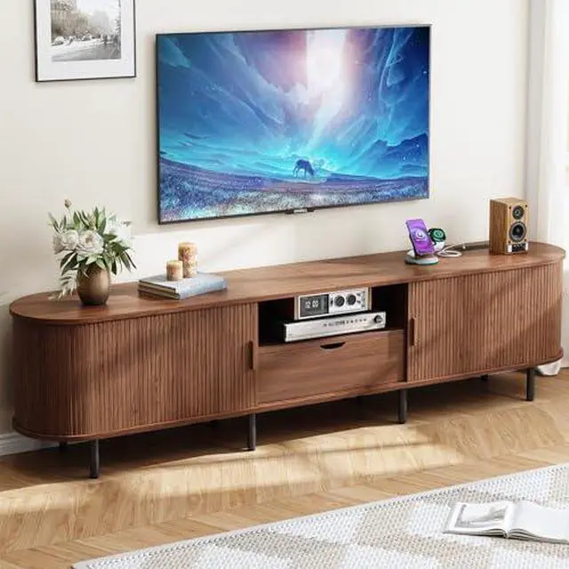 Main image of ONBRILL 86.6" TV Stand with Power Outlet for TVs up to 90", Entertainment Center with Storage and Drawer, TV Console with Adjustable Shelves and Sliding Door, TV Stand for Living Room, Bedroom, Walnut