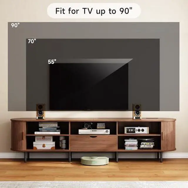 Alt view image 4 of 6 - ONBRILL 86.6" TV Stand with Power Outlet for TVs up to 90", Entertainment Center with Storage and Drawer, TV Console with Adjustable Shelves and Sliding Door, TV Stand for Living Room, Bedroom, Walnut