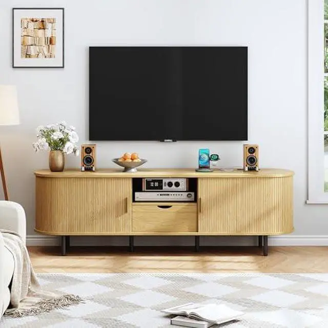 Alt view image 5 of 6 - ONBRILL 69" TV Stand with Power Outlet for TVs up to 80", Entertainment Center with Storage and Drawer, TV Console with Adjustable Shelves and Sliding Door, TV Stand for Living Room, Bedroom, Oak