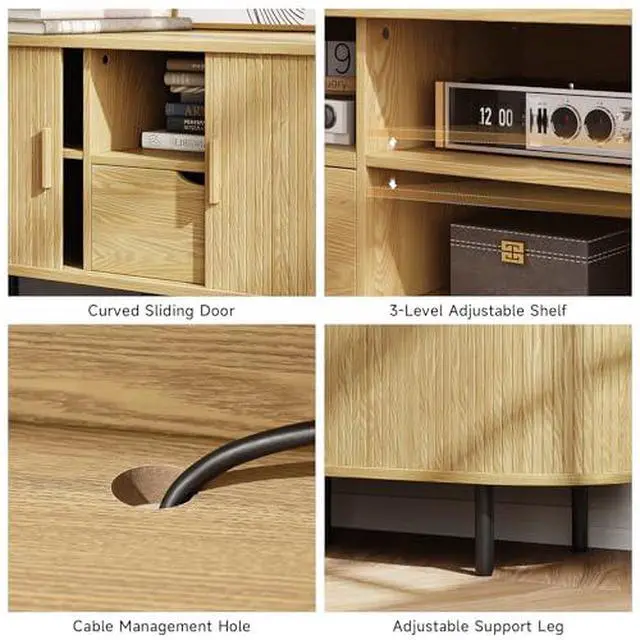 Alt view image 4 of 6 - ONBRILL 69" TV Stand with Power Outlet for TVs up to 80", Entertainment Center with Storage and Drawer, TV Console with Adjustable Shelves and Sliding Door, TV Stand for Living Room, Bedroom, Oak