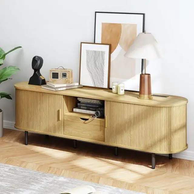 Alt view image 6 of 6 - ONBRILL 69" TV Stand with Power Outlet for TVs up to 80", Entertainment Center with Storage and Drawer, TV Console with Adjustable Shelves and Sliding Door, TV Stand for Living Room, Bedroom, Oak