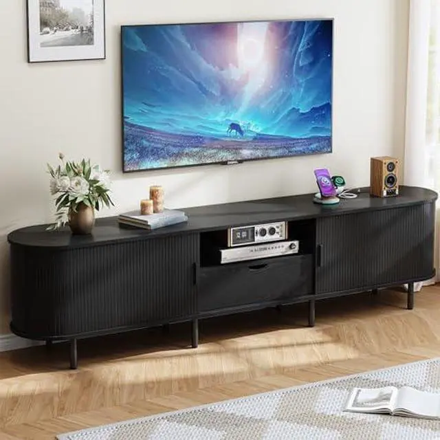 Main image of ONBRILL 86.6" TV Stand with Power Outlet for TVs up to 90", Entertainment Center with Storage and Drawer, TV Console with Adjustable Shelves and Sliding Door, TV Stand for Living Room, Bedroom, Black