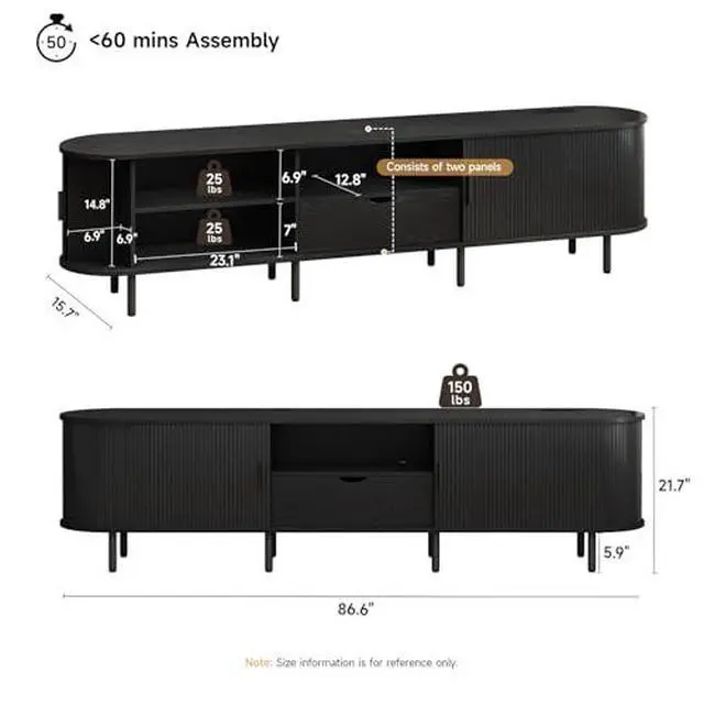 Alt view image 2 of 7 - ONBRILL 86.6" TV Stand with Power Outlet for TVs up to 90", Entertainment Center with Storage and Drawer, TV Console with Adjustable Shelves and Sliding Door, TV Stand for Living Room, Bedroom, Black
