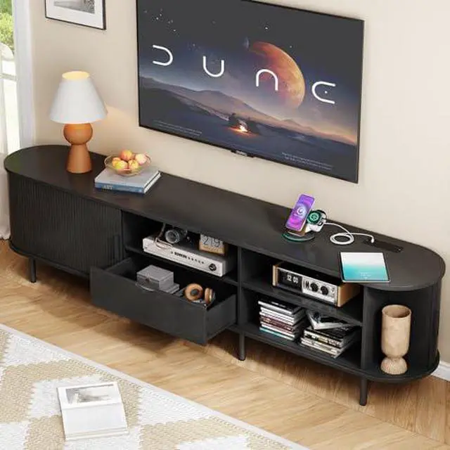 Alt view image 3 of 7 - ONBRILL 86.6" TV Stand with Power Outlet for TVs up to 90", Entertainment Center with Storage and Drawer, TV Console with Adjustable Shelves and Sliding Door, TV Stand for Living Room, Bedroom, Black