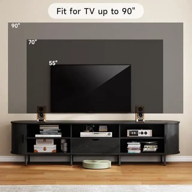 Alt view image 4 of 7 - ONBRILL 86.6" TV Stand with Power Outlet for TVs up to 90", Entertainment Center with Storage and Drawer, TV Console with Adjustable Shelves and Sliding Door, TV Stand for Living Room, Bedroom, Black