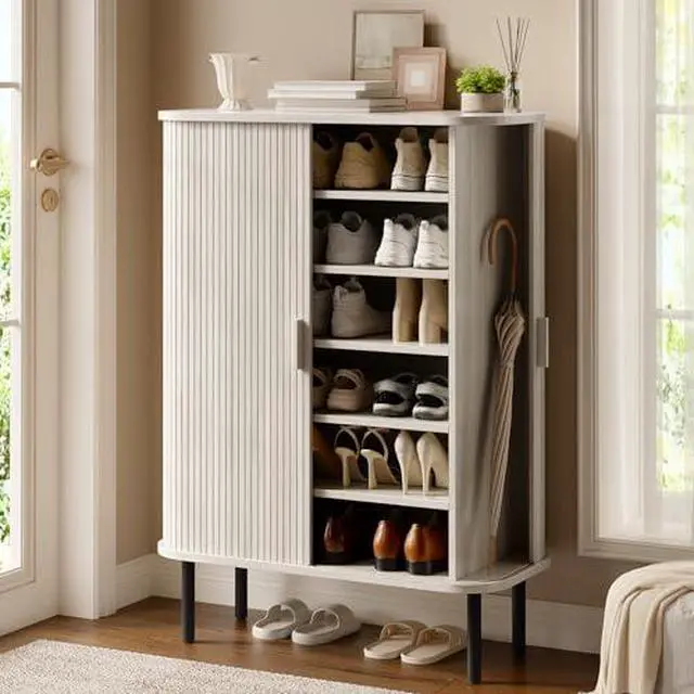 Main image of ONBRILL 6-Tier Shoe Cabinet with Sliding Door, Wooden Shoe Storage Cabinet with Adjustable Shelves, Mid-Century Modern Freestanding Shoe Storage Organizer for Entryway, Living Room, Hallway
