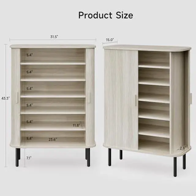 Alt view image 2 of 7 - ONBRILL 6-Tier Shoe Cabinet with Sliding Door, Wooden Shoe Storage Cabinet with Adjustable Shelves, Mid-Century Modern Freestanding Shoe Storage Organizer for Entryway, Living Room, Hallway