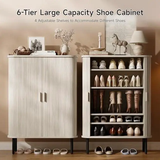 Alt view image 3 of 7 - ONBRILL 6-Tier Shoe Cabinet with Sliding Door, Wooden Shoe Storage Cabinet with Adjustable Shelves, Mid-Century Modern Freestanding Shoe Storage Organizer for Entryway, Living Room, Hallway