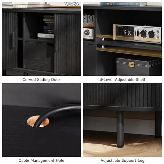 Alt view image 5 of 7 - ONBRILL 86.6" TV Stand with Power Outlet for TVs up to 90", Entertainment Center with Storage and Drawer, TV Console with Adjustable Shelves and Sliding Door, TV Stand for Living Room, Bedroom, Black