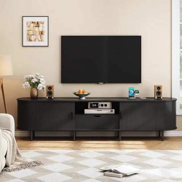 Alt view image 6 of 7 - ONBRILL 86.6" TV Stand with Power Outlet for TVs up to 90", Entertainment Center with Storage and Drawer, TV Console with Adjustable Shelves and Sliding Door, TV Stand for Living Room, Bedroom, Black